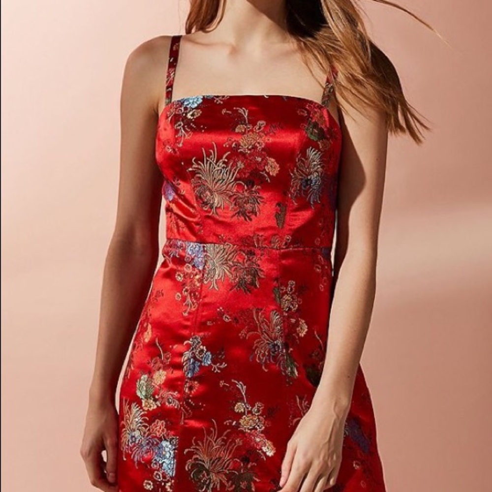 NWT UO Red Satin Jacquard Straight-Neck Dress